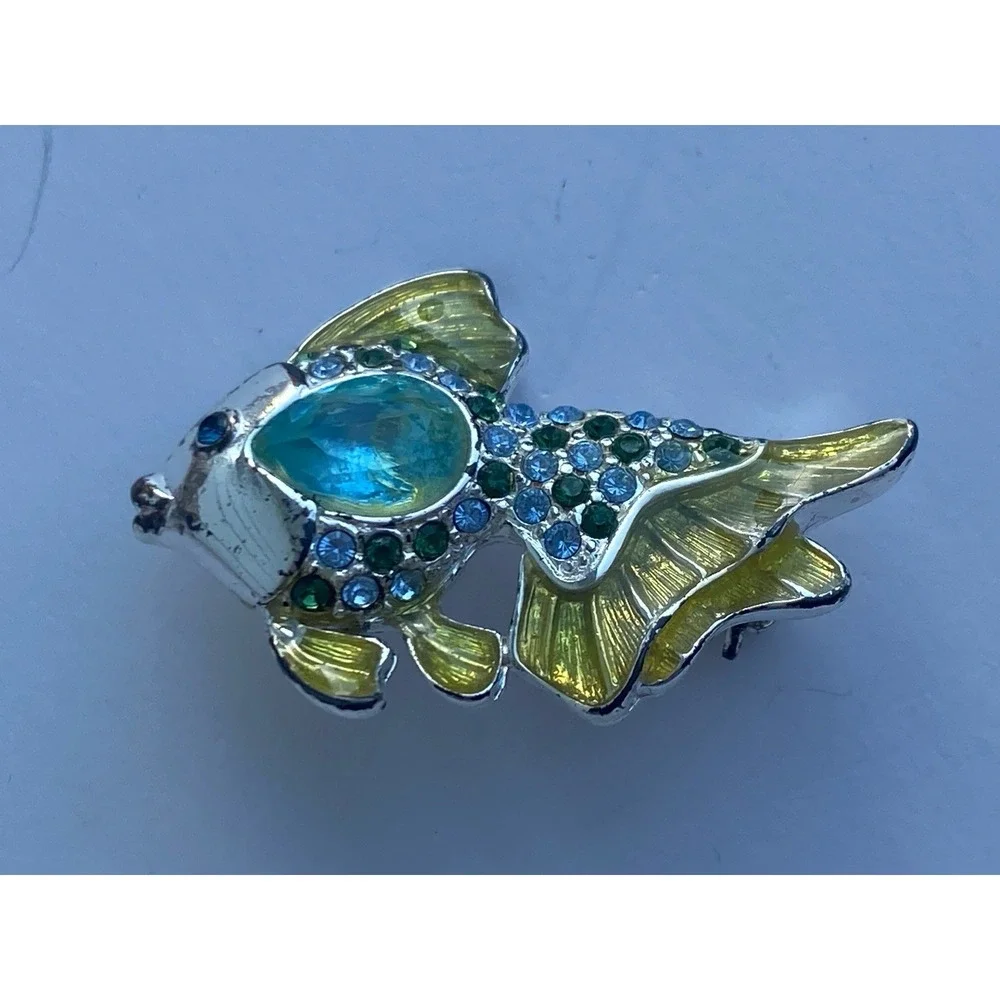 Monet Vintage Fish Brooch Pin Gold Yellow Enamel Turquoise Blue Rhinestones